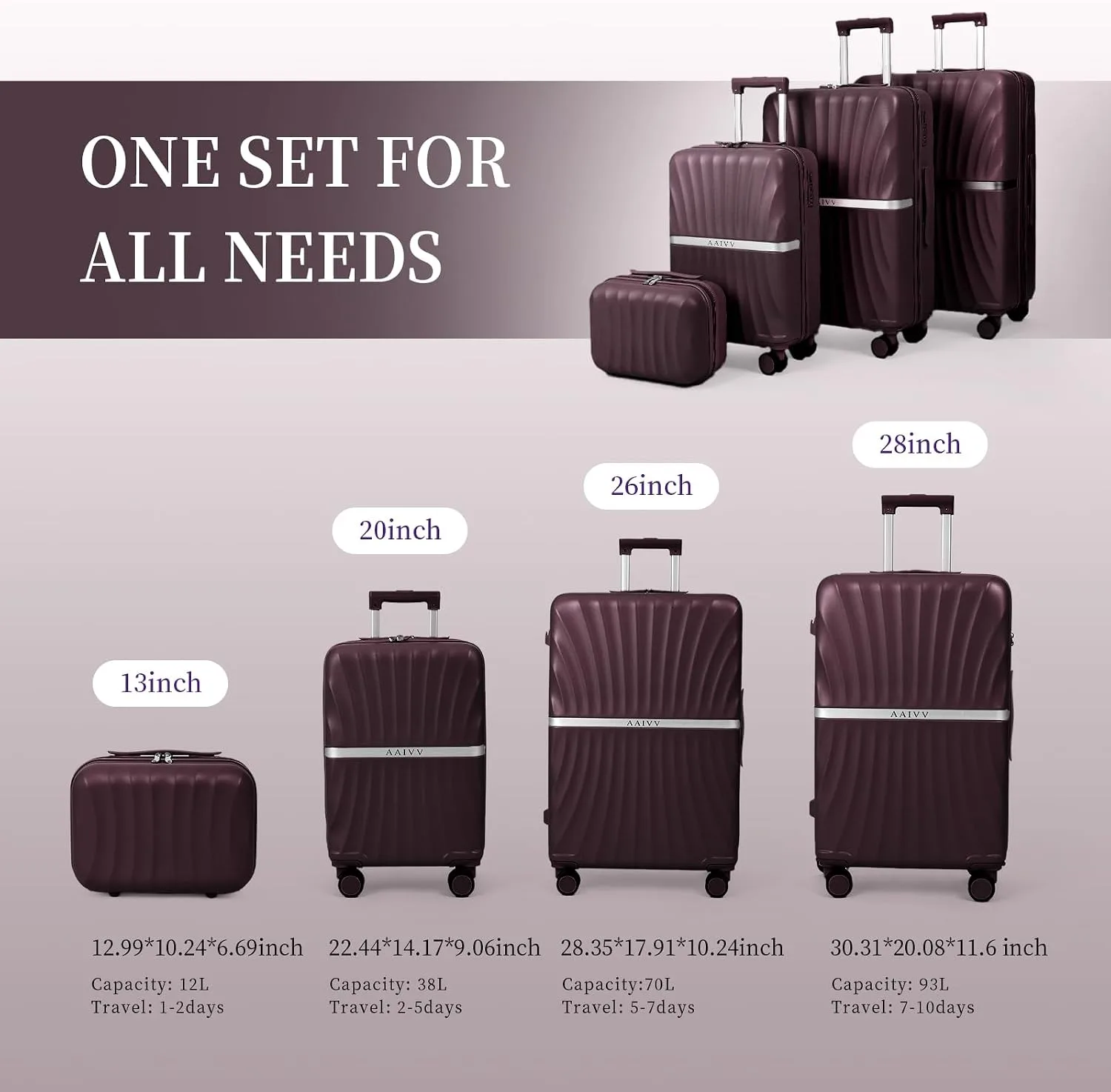 Size reference for 13, 20, 26 and 28 inch luggage